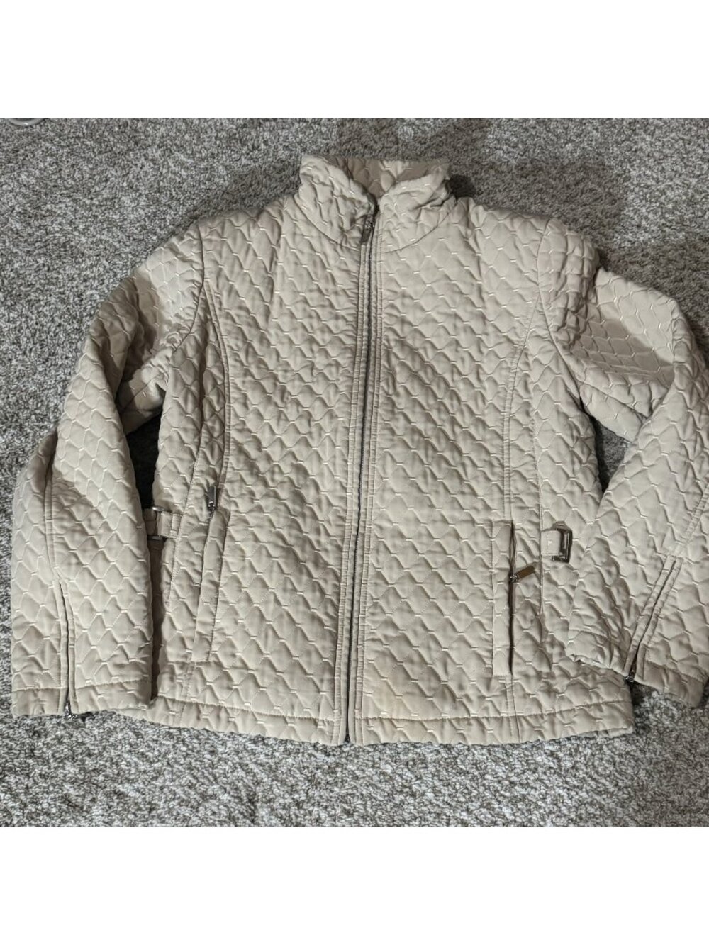 Gallery Quilted Jacket Women's Size M Beige Full Zip Stand Collar Pockets
